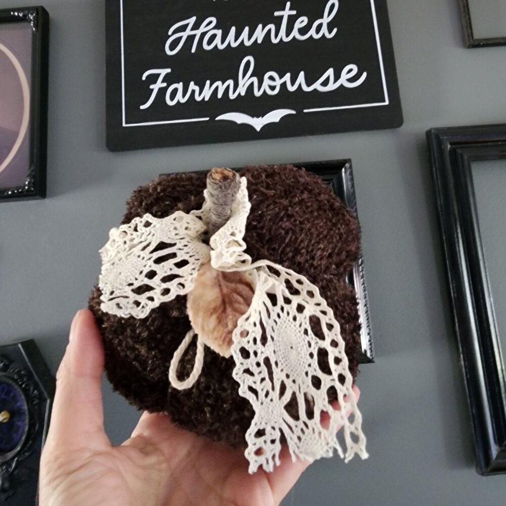 Knit Sweater Pumpkin Pillow Pouf, Upcycled Brown Chenille with Vintage Lace - Picture 3 of 9